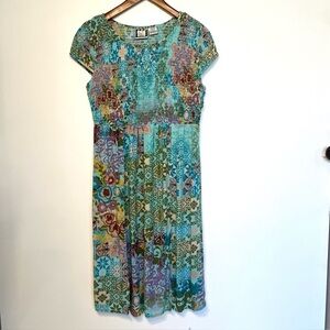 Vintage Take Two boho floral midi dress, smocking, cap sleeve, slit beach large
